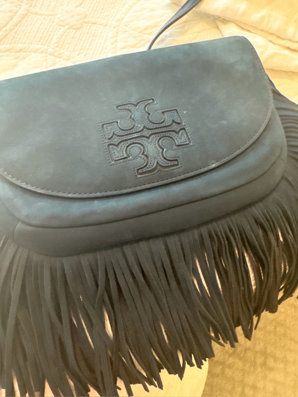 Tory Burch Dark Teal Suede Fringe Crossbody Bag